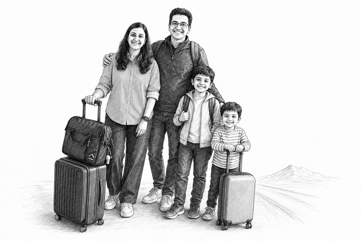 Ambarish, his wife and their two sons travelling together on a mountain trail with backpacks and a map