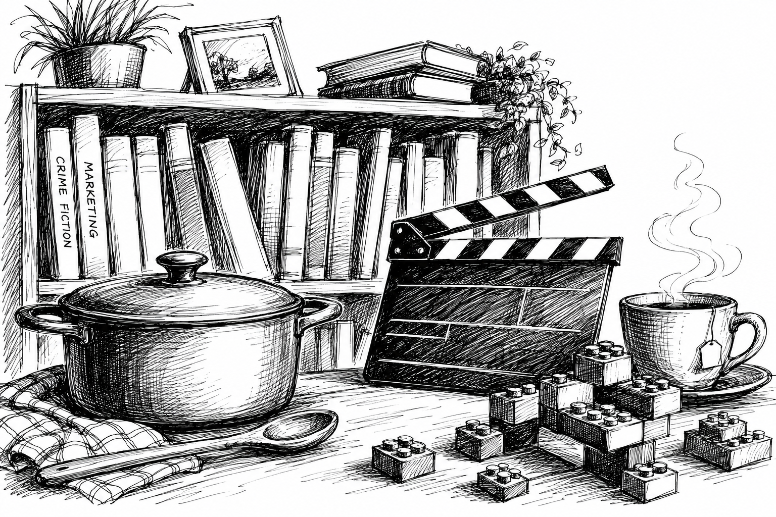 Hand-scribbled shelf of books, film, cooking, tea and building bricks