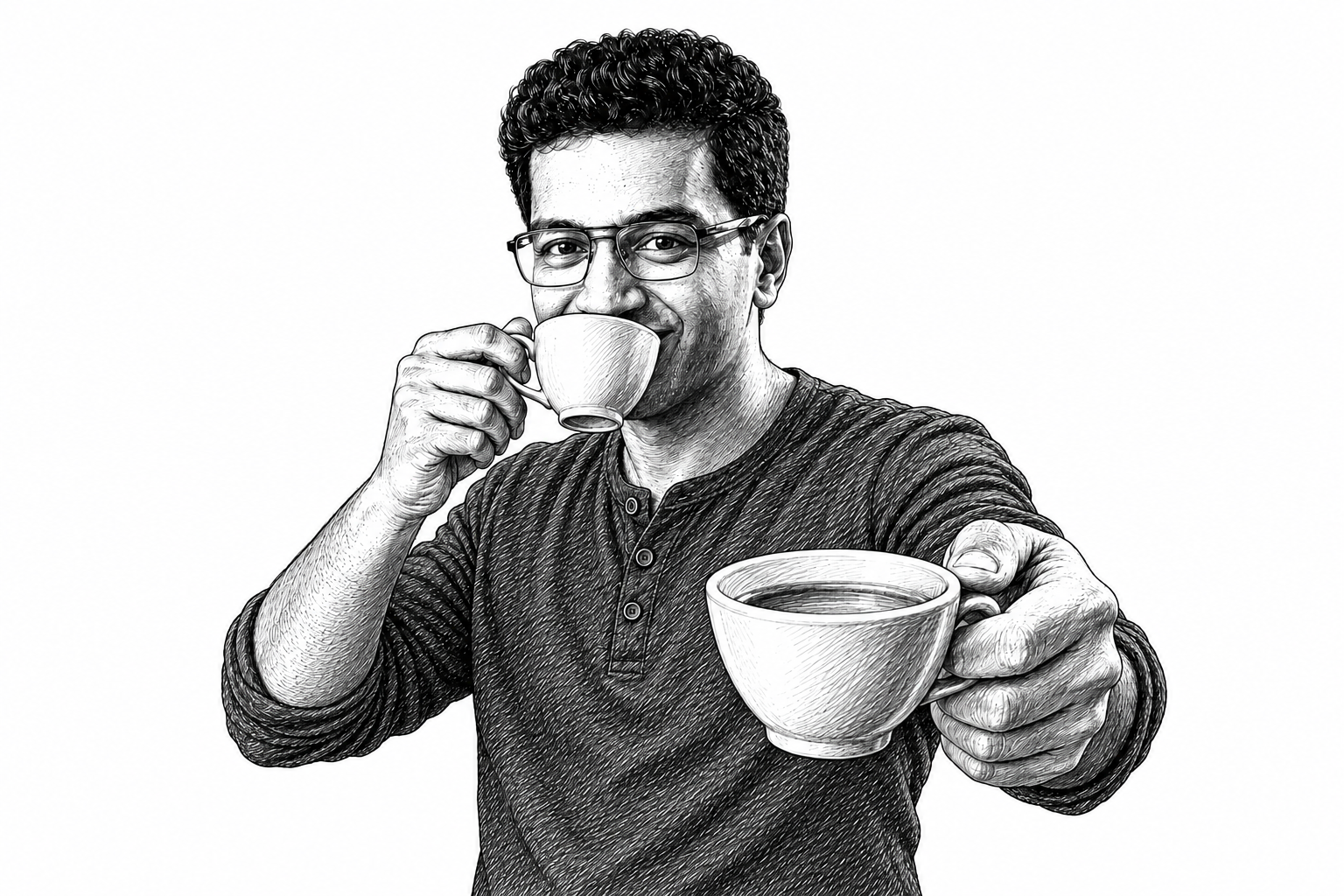Ambarish sipping his chai while offering a second cup directly to you
