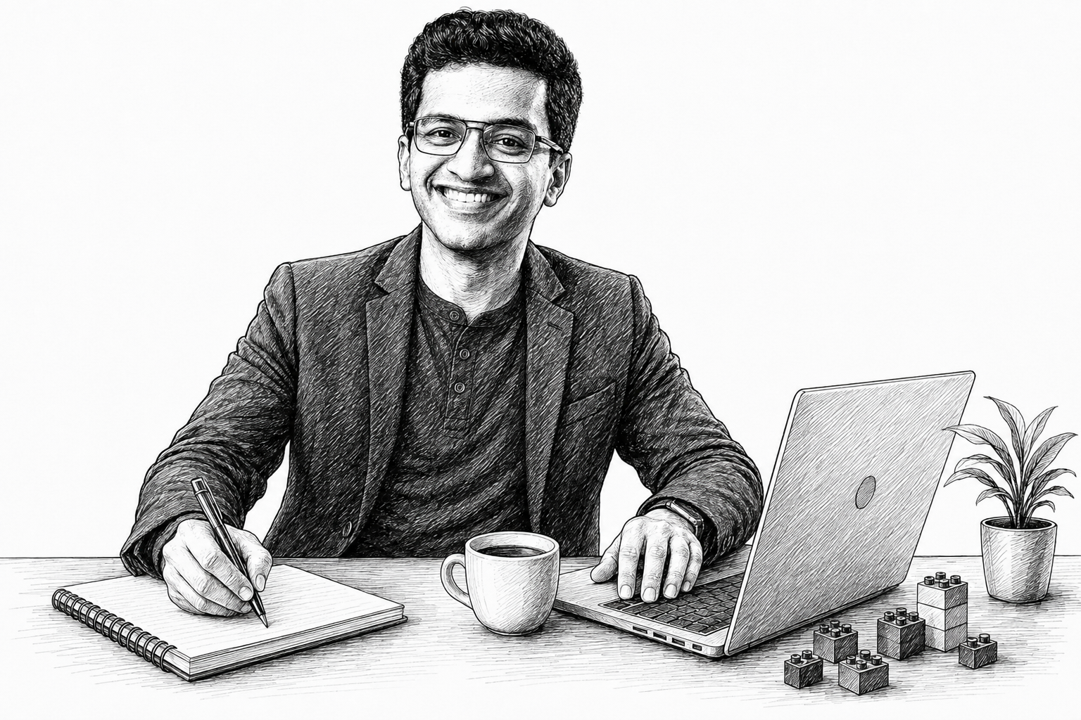 Scribbled illustration of Ambarish dreaming up ideas at a desk with tea, books and building bricks